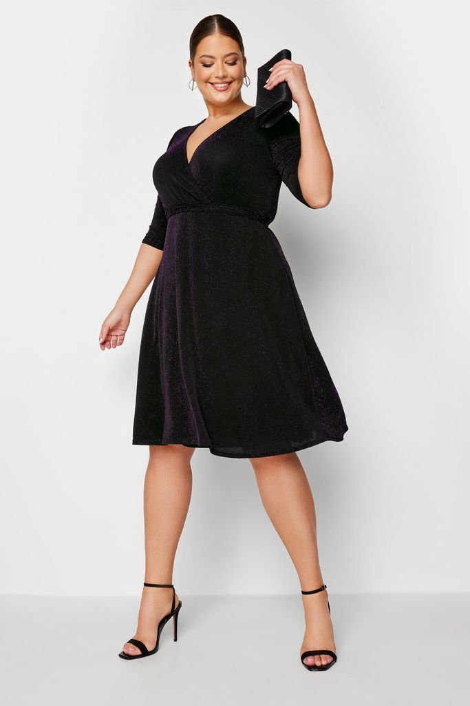 Curve Black & Purple Glitter Wrap Dress, Women's Curve & Plus Size, Yours London