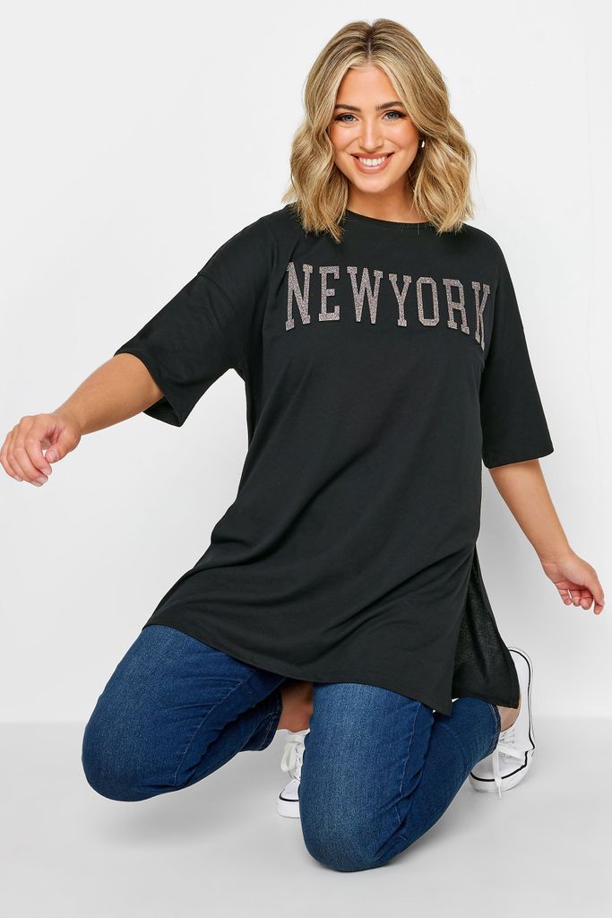 Curve Black 'New York' Glitter Embossed Tshirt, Women's Curve & Plus Size, Yours