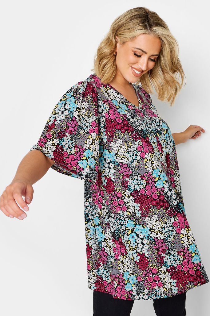 Curve Grey & White Floral Print Angel Sleeve Swing Top, Women's Curve & Plus Size, Yours
