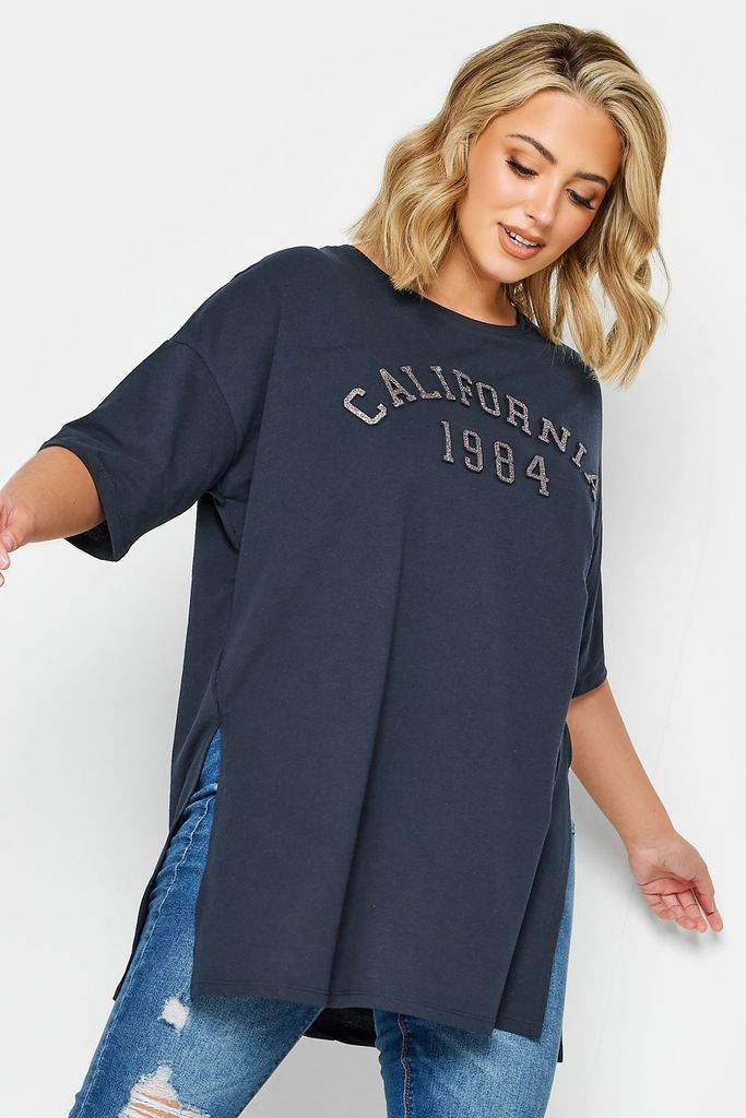 Curve Navy Blue 'California' Glitter Embossed Tshirt, Women's Curve & Plus Size, Yours