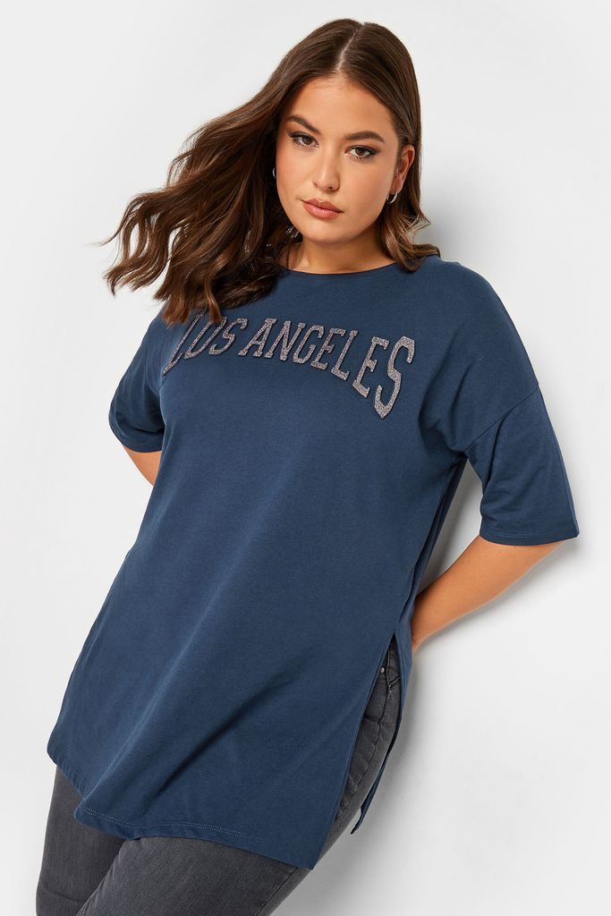 Curve Blue 'Los Angeles' Glitter Embossed Tshirt, Women's Curve & Plus Size, Yours