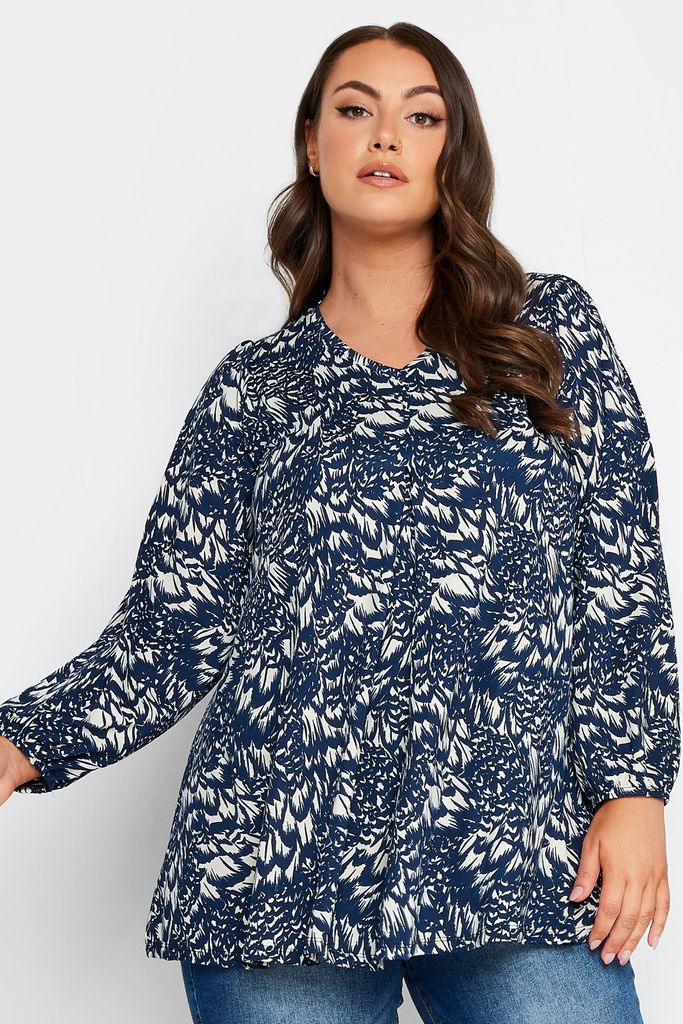 Curve Navy Blue Floral Print Balloon Sleeve Top, Women's Curve & Plus Size, Yours