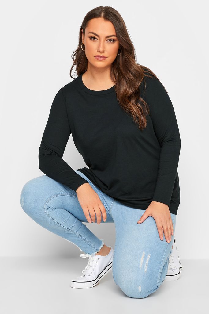 Curve Black Cotton Long Sleeve Tshirt, Women's Curve & Plus Size, Yours