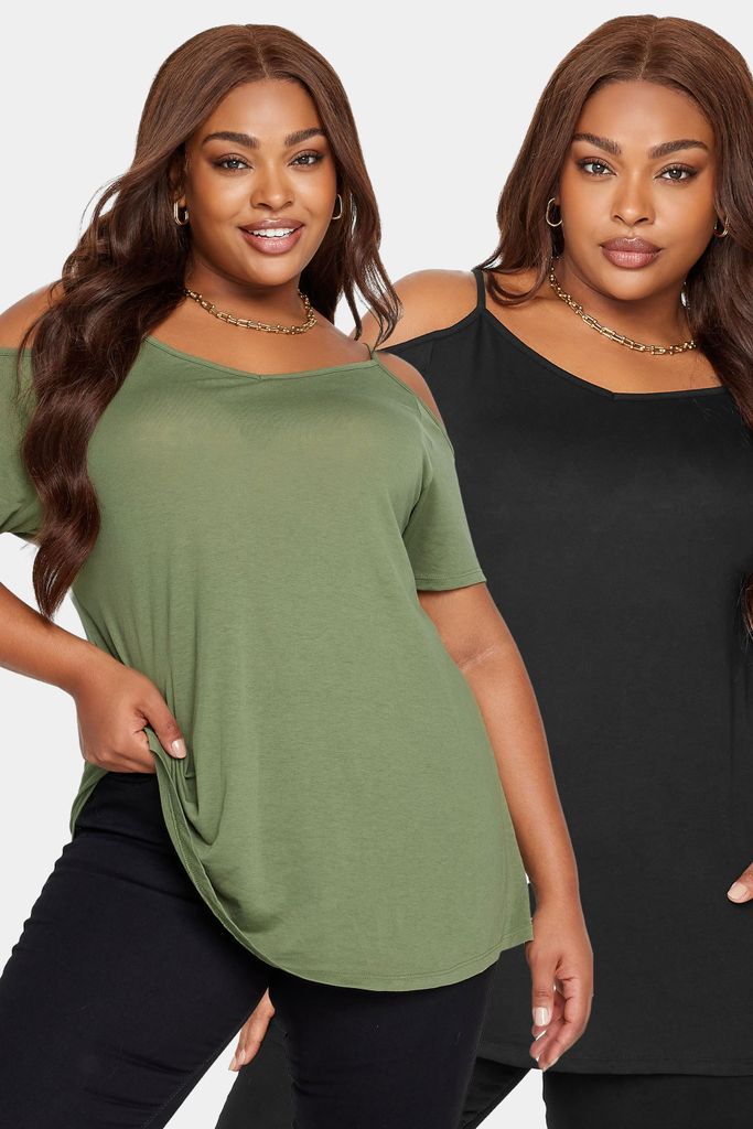 Curve 2 Pack Black & Khaki Green Cold Shoulder Tshirts, Women's Curve & Plus Size, Yours