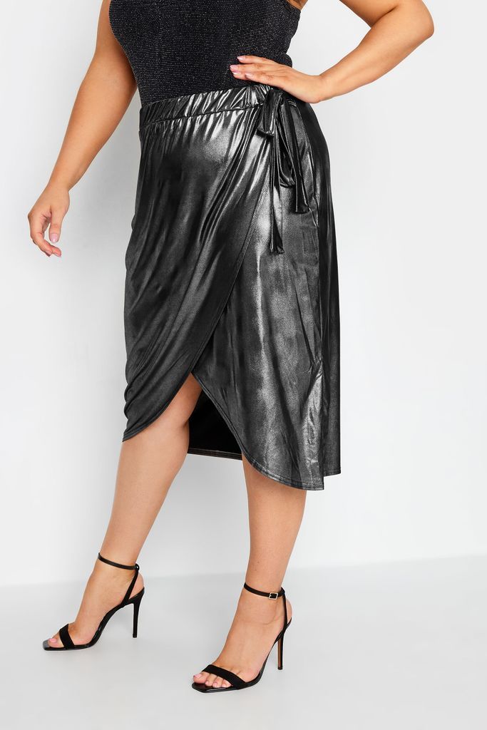 Curve Silver Stretch Foil Wrap Skirt, Women's Curve & Plus Size, Limited Collection