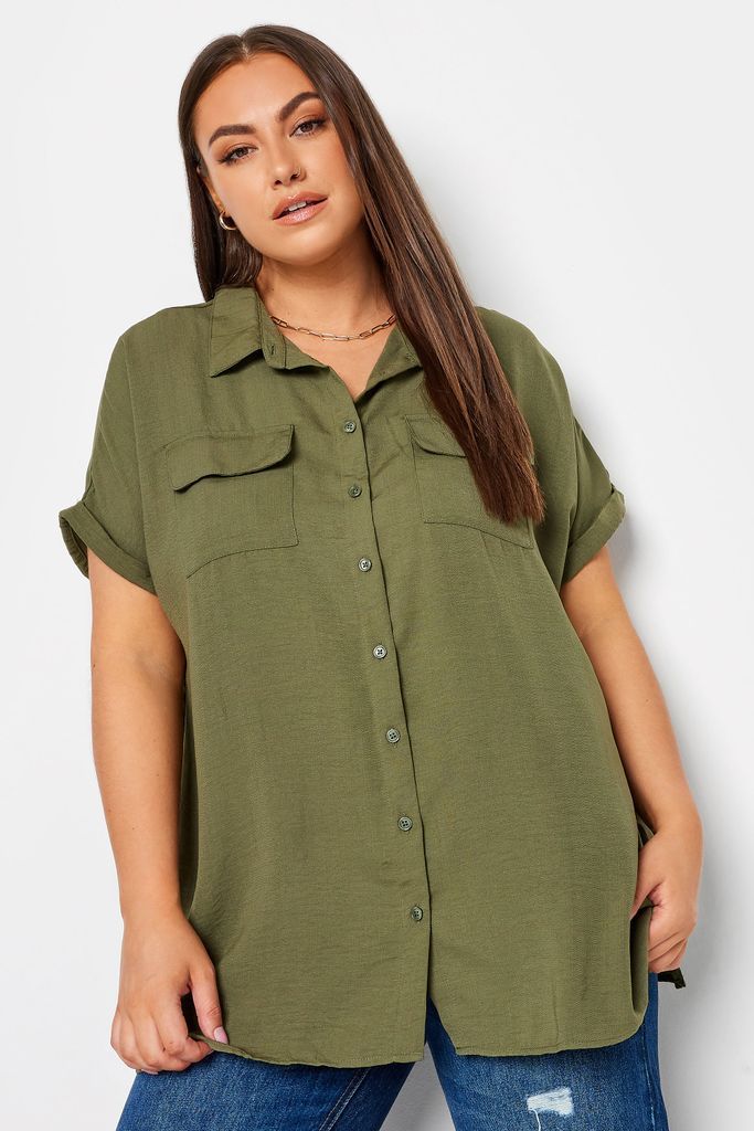 Curve Khaki Green Utility Short Sleeve Shirt, Women's Curve & Plus Size, Yours