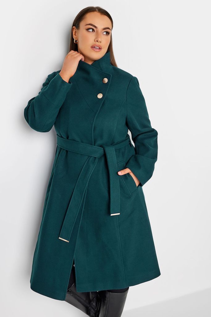 Curve Dark Green Belted Military Coat, Women's Curve & Plus Size, Yours
