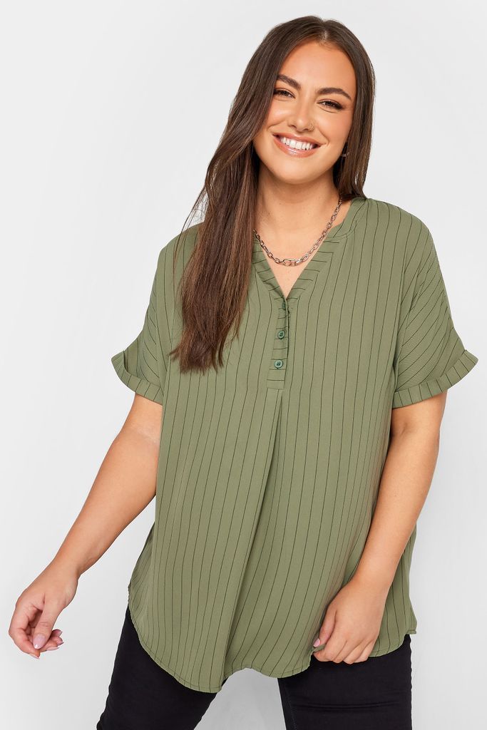 Curve Khaki Green Half Placket Stripe Blouse, Women's Curve & Plus Size, Yours