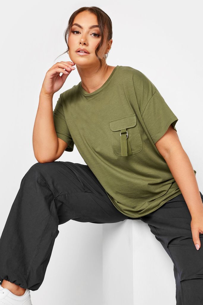 Curve Khaki Green Utility Pocket Tshirt, Women's Curve & Plus Size, Limited Collection