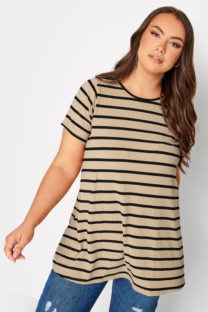 Curve Natural Brown Ribbed Stripe Swing Tshirt, Women's Curve & Plus Size, Yours