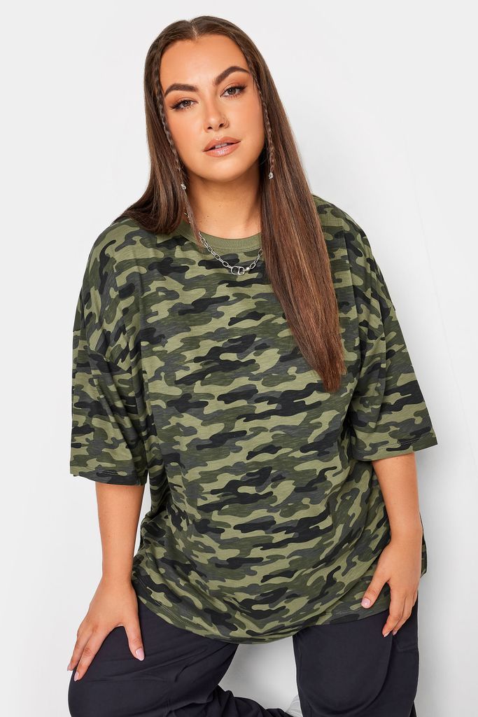 Curve Green Camo Print Oversized Boxy Tshirt, Women's Curve & Plus Size, Yours