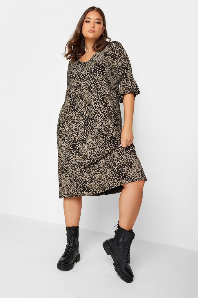 Curve Beige Brown Animal Print Smock Dress, Women's Curve & Plus Size, Yours