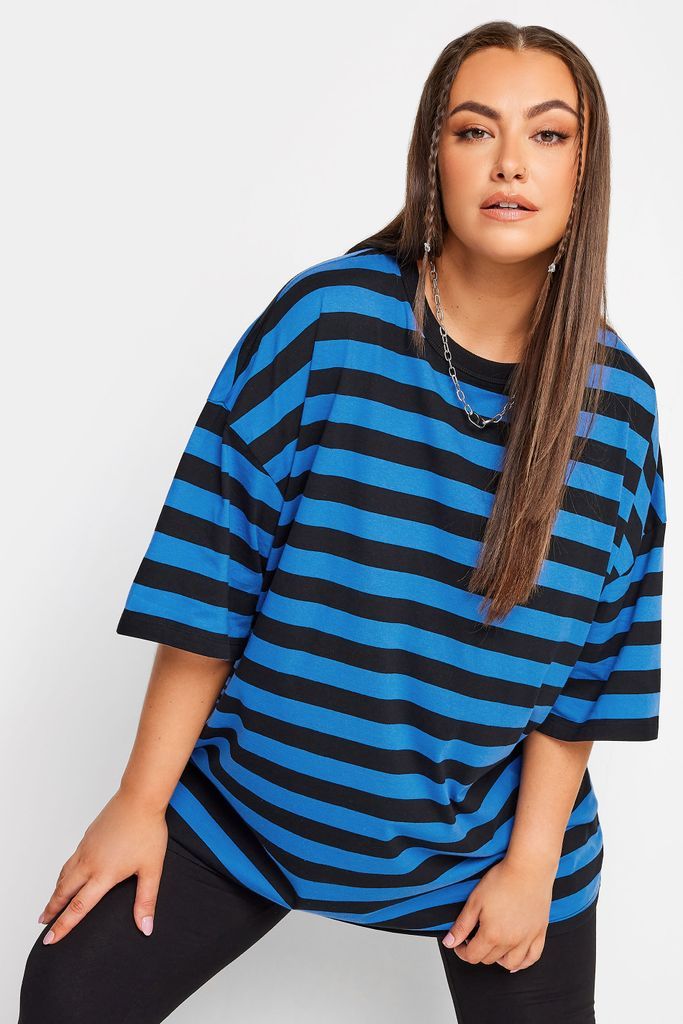 Curve Blue Stripe Oversized Boxy Tshirt, Women's Curve & Plus Size, Yours