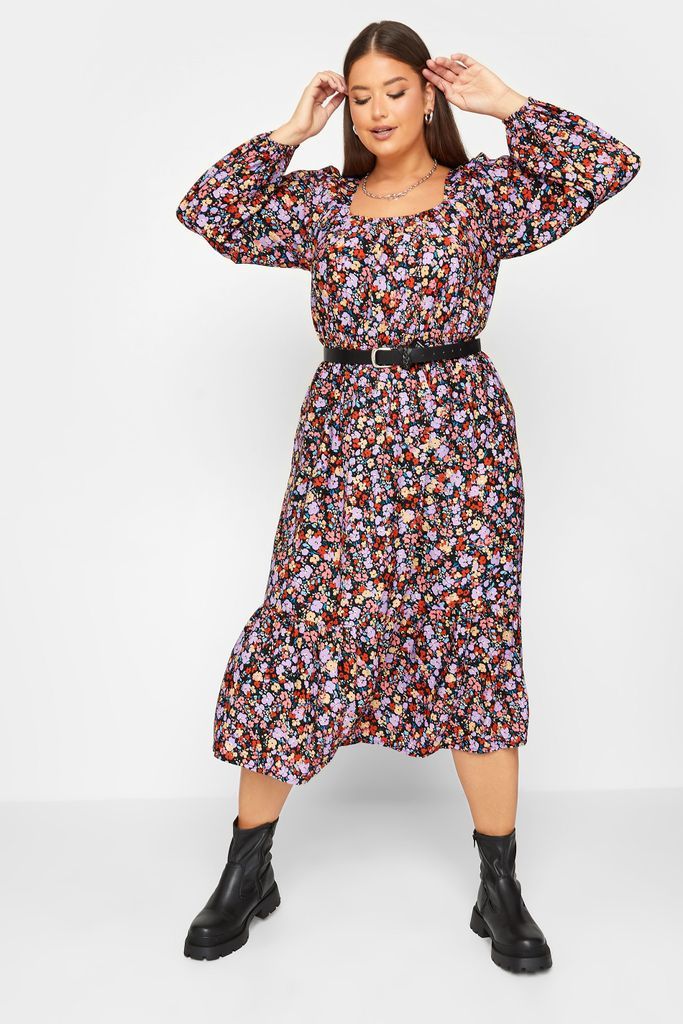 Curve Black Ditsy Print Balloon Sleeve Midaxi Dress, Women's Curve & Plus Size, Yours