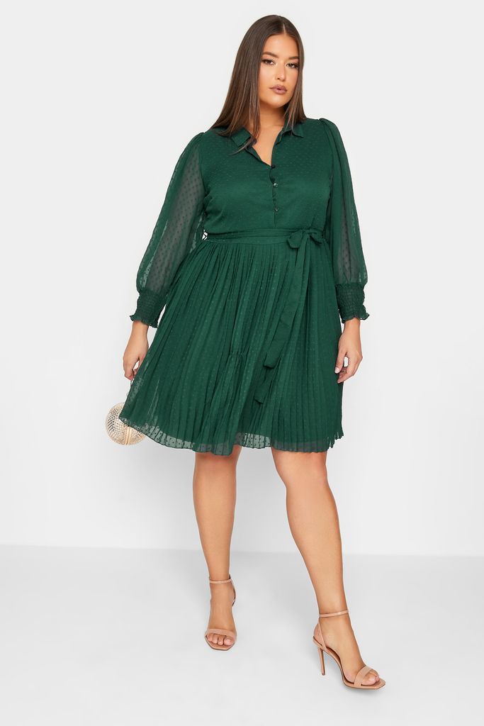 Curve Forest Green Dobby Pleat Shirt Midi Dress, Women's Curve & Plus Size, Yours London
