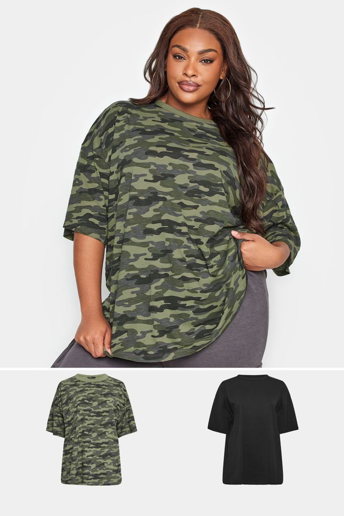 2 Pack Curve Khaki Green & Black Camo Print Tshirts, Women's Curve & Plus Size, Yours