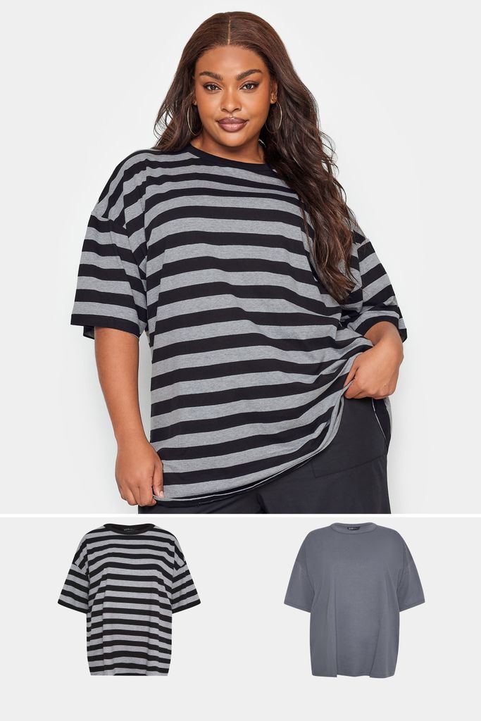 Curve 2 Pack Grey & Grey Stripe Oversized Boxy Tshirt, Women's Curve & Plus Size, Yours