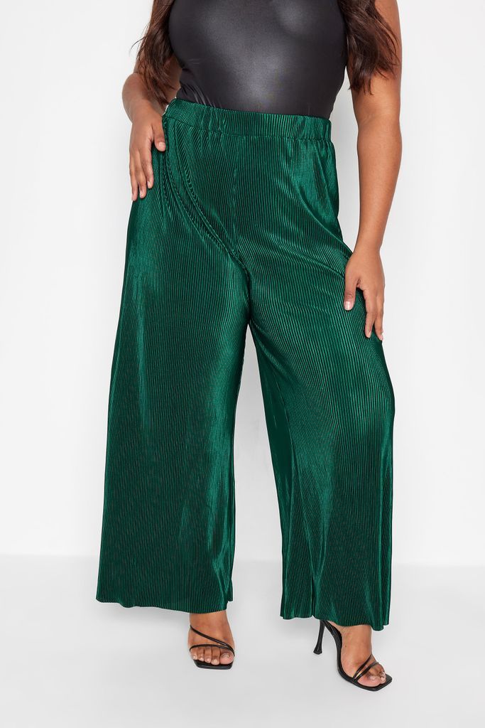 Curve Emerald Green Stretch Plisse Wide Leg Trousers, Women's Curve & Plus Size, Yours