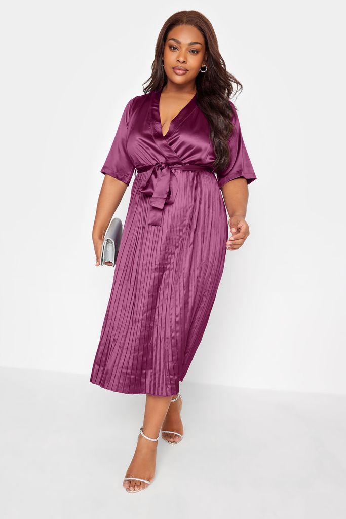 Curve Purple Satin Pleated Wrap Dress, Women's Curve & Plus Size, Yours London