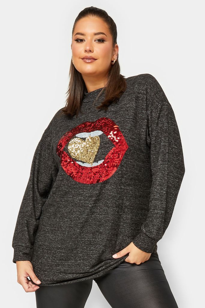 Curve Charcoal Grey Glitter Lips Print Soft Touch Long Sleeve Top, Women's Curve & Plus Size, Yours