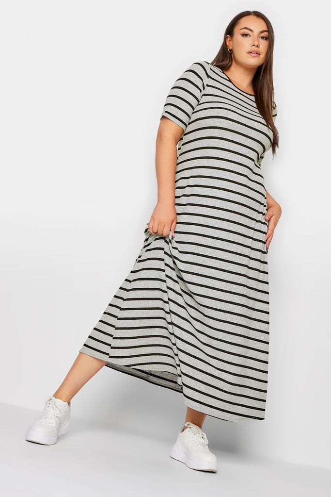 Curve Grey Ribbed Stripe Swing Maxi Dress, Women's Curve & Plus Size, Yours