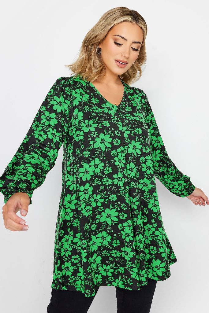 Curve Green Floral Print Long Sleeve Swing Top, Women's Curve & Plus Size, Yours