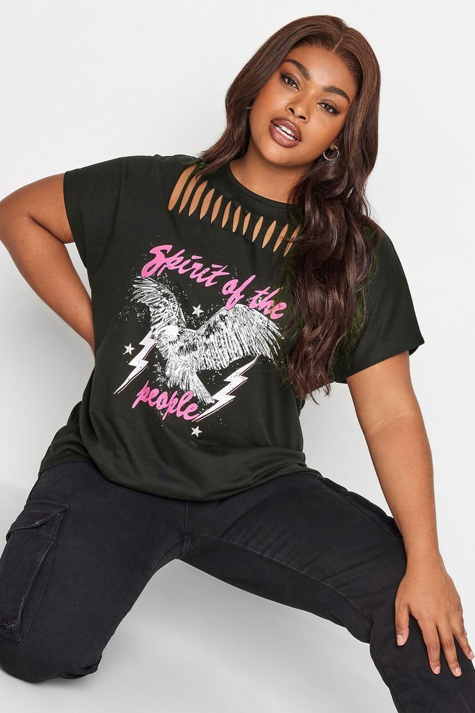 Curve Black Cut Out 'Spirit Of The People' Slogan Tee, Women's Curve & Plus Size, Yours
