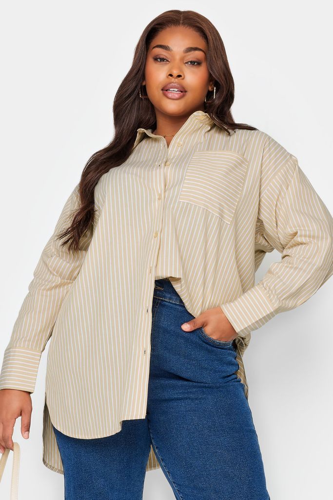 Curve Beige Brown Striped Shirt, Women's Curve & Plus Size, Limited Collection