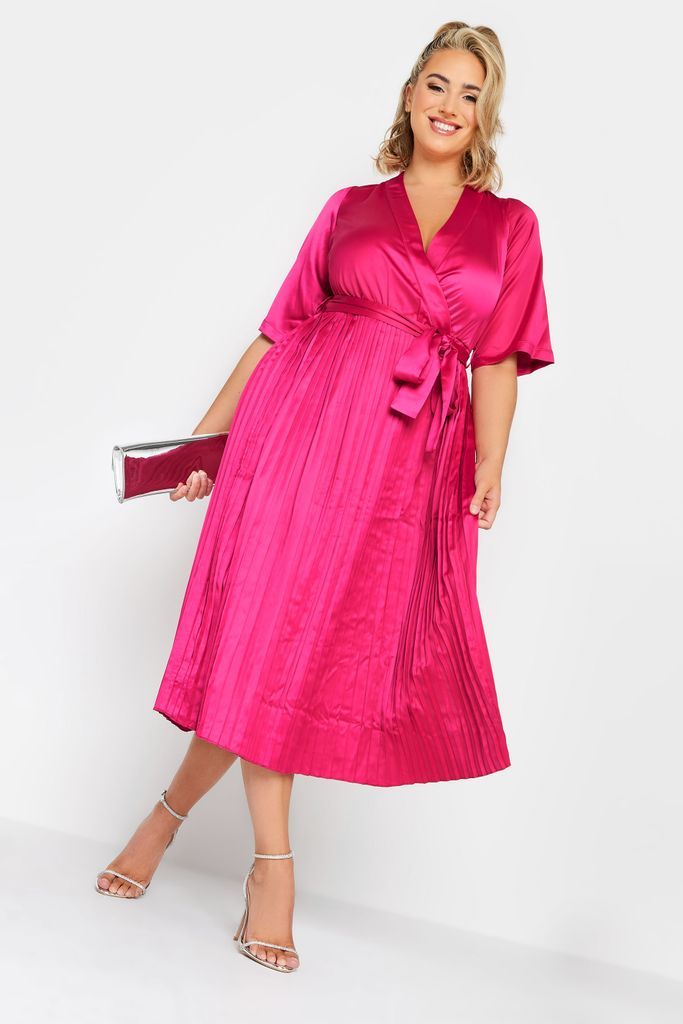Curve Pink Satin Pleated Wrap Dress, Women's Curve & Plus Size, Yours London