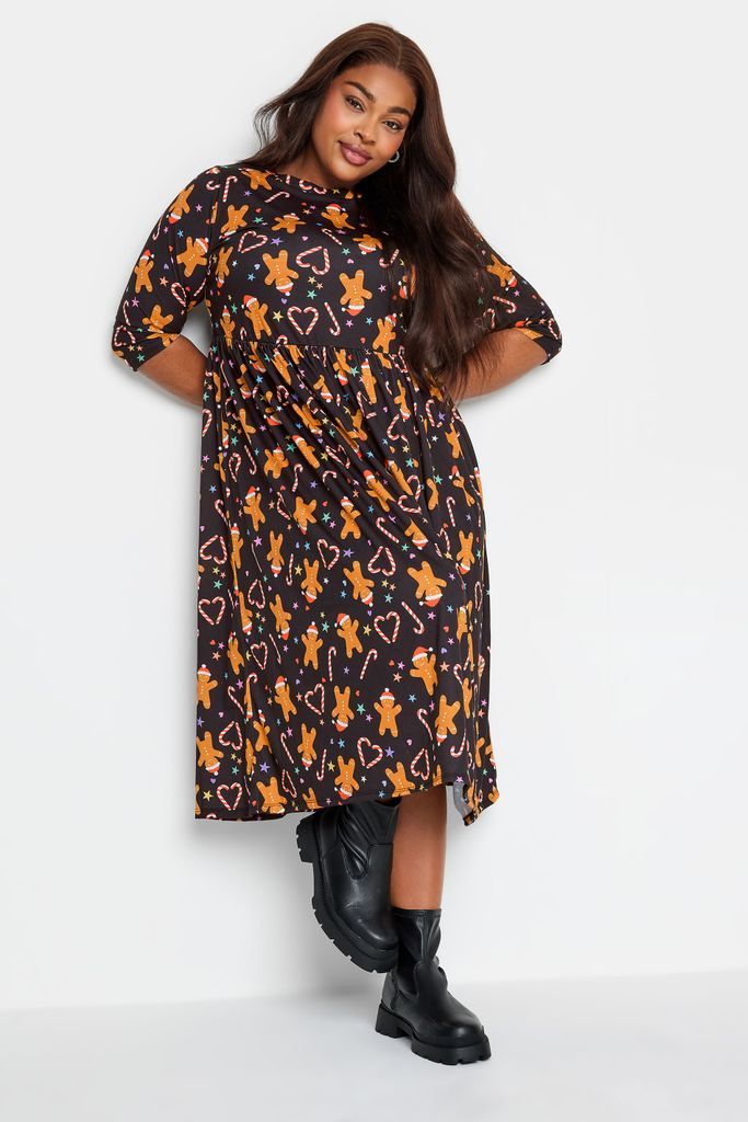Black Gingerbread Print Christmas Smock Dress, Women's Curve & Plus Size, Limited Collection