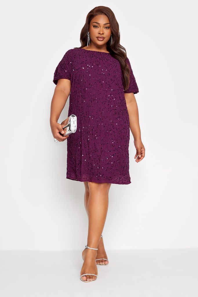 Luxe Curve Purple Sequin Hand Embellished Cape Dress, Women's Curve & Plus Size, Luxe: Ultimate Embellishment
