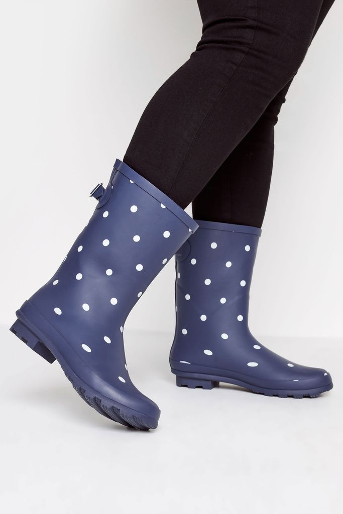 Navy Blue Spot Print Mid Calf Wellies In Wide E Fit