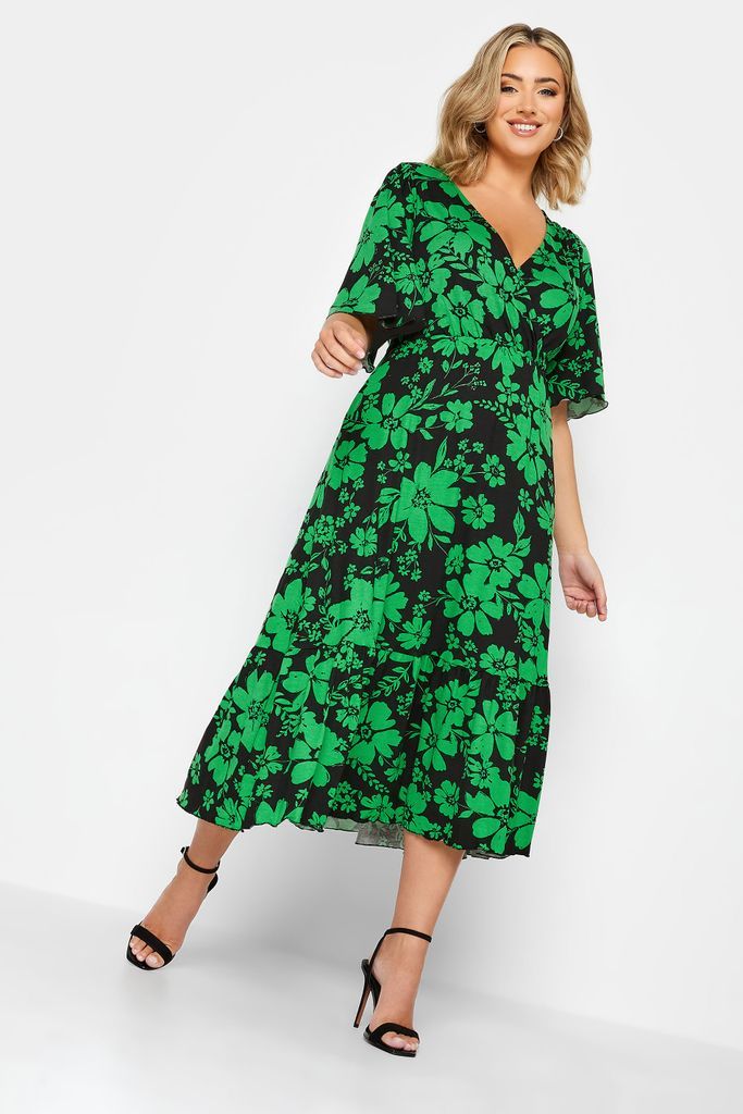 Curve Black & Green Wrap Angel Sleeve Midi Dress, Women's Curve & Plus Size, Yours