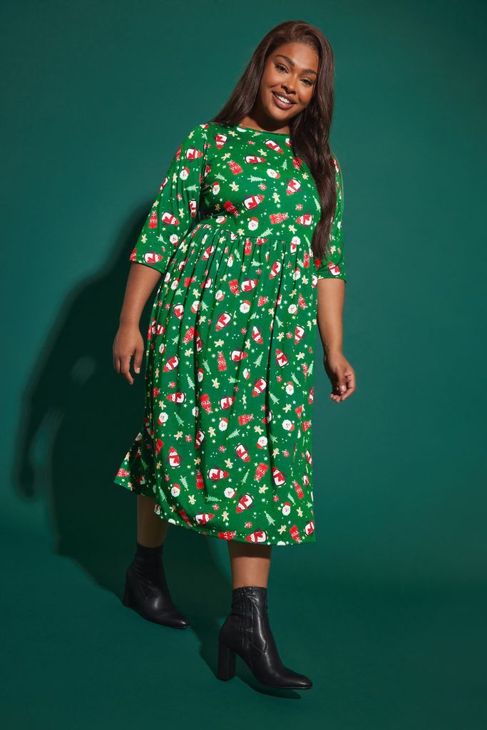 Curve Green Santa Print Christmas Smock Dress, Women's Curve & Plus Size, Limited Collection