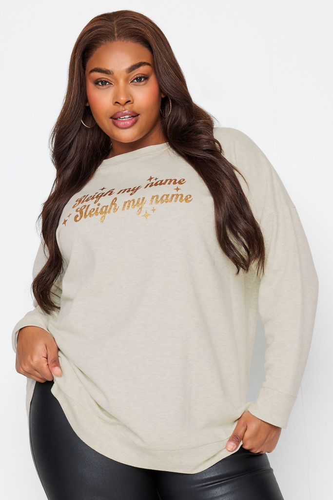 Beige Brown 'Sleigh My Name' Slogan Christmas Sweatshirt, Women's Curve & Plus Size, Limited Collection