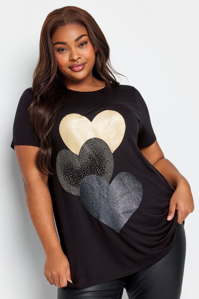 Curve Black Glitter Heart Print Tshirt, Women's Curve & Plus Size, Yours