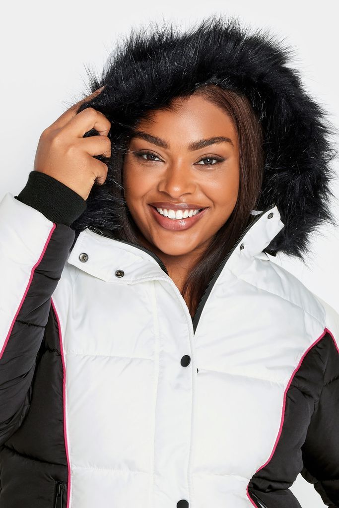 Curve White & Black Colourblock Hooded Puffer Jacket, Women's Curve & Plus Size, Yours