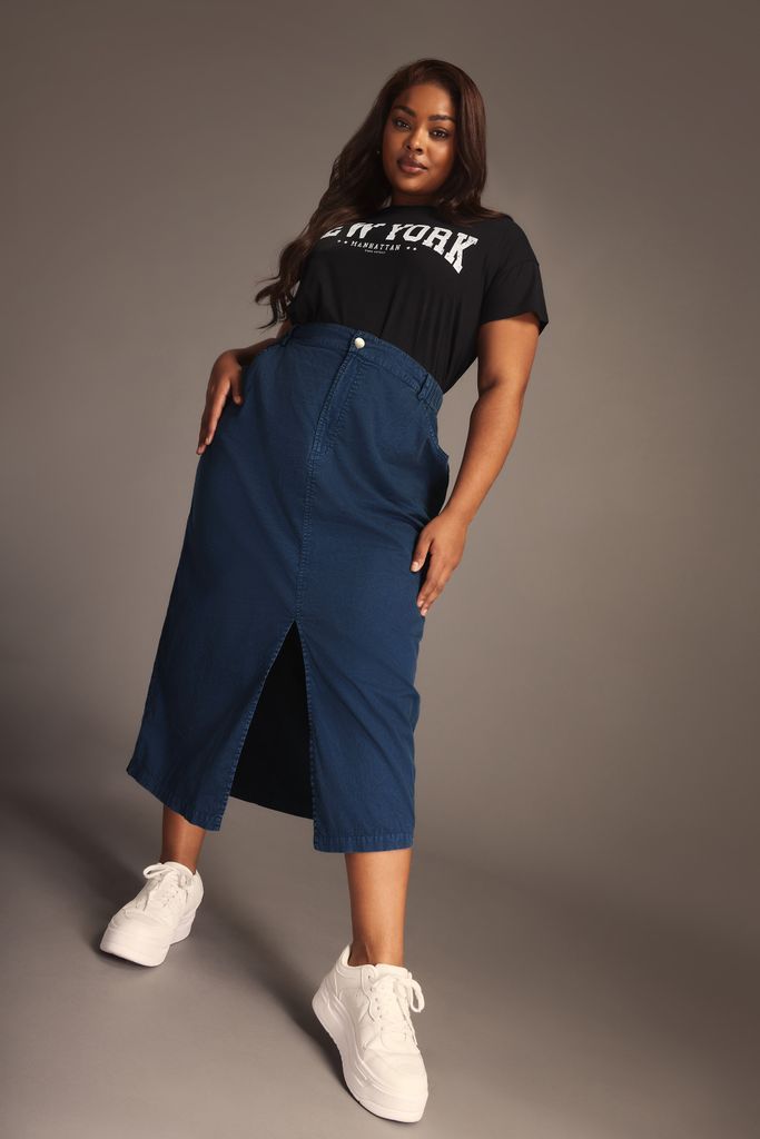 Curve Dark Blue Acid Wash Midaxi Denim Skirt, Women's Curve & Plus Size, Yours
