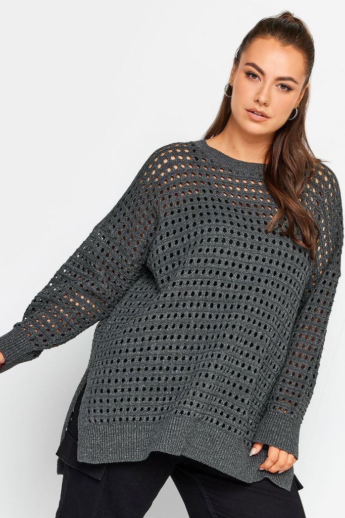 Curve Grey Side Split Metallic Crochet Jumper, Women's Curve & Plus Size, Yours