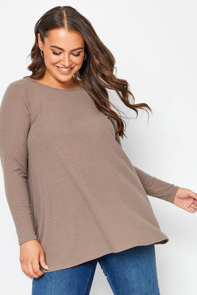 Curve Mocha Brown Ribbed Long Sleeve Swing Top, Women's Curve & Plus Size, Yours