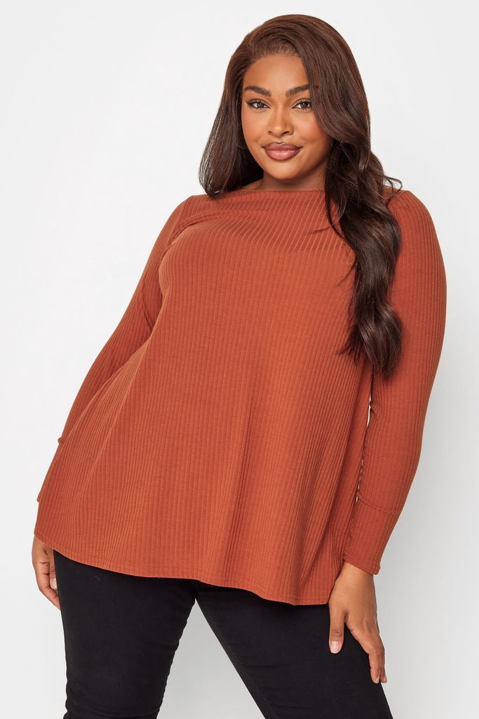Curve Rust Orange Ribbed Long Sleeve Swing Top, Women's Curve & Plus Size, Yours