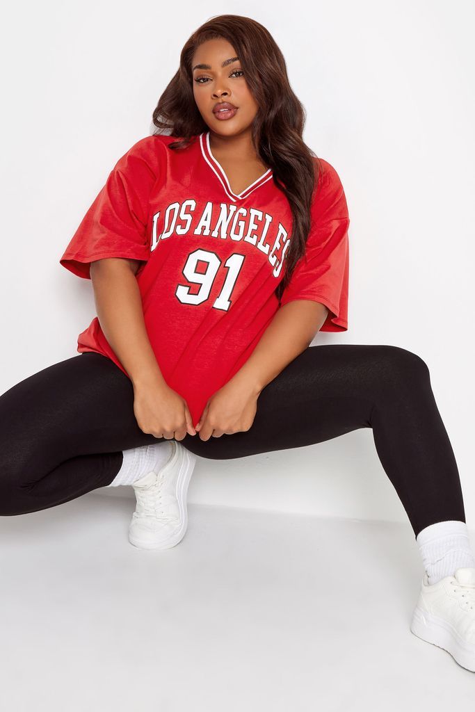 Curve Red 'Los Angeles' Slogan Varsity Tshirt, Women's Curve & Plus Size, Yours
