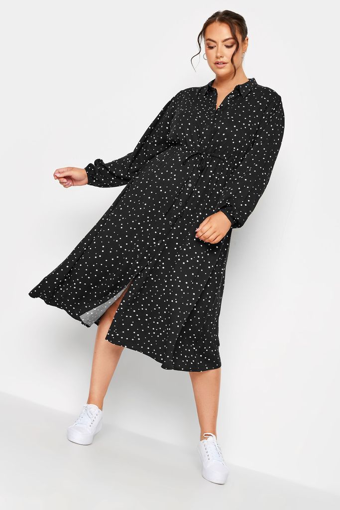 Curve Black Spot Print Long Sleeve Midaxi Shirt Dress, Women's Curve & Plus Size, Yours