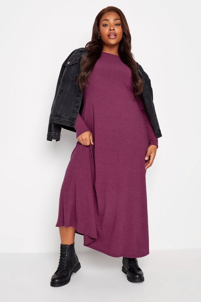 Curve Purple Ribbed Long Sleeve Swing Maxi Dress, Women's Curve & Plus Size, Yours
