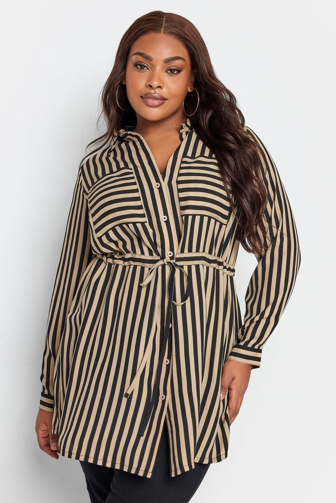 Curve Beige Brown Stripe Print Utility Tunic Shirt, Women's Curve & Plus Size, Yours
