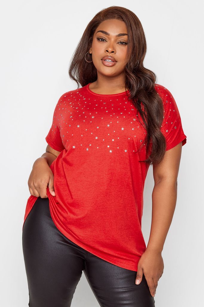 Curve Red Embellished Front Tshirt, Women's Curve & Plus Size, Yours