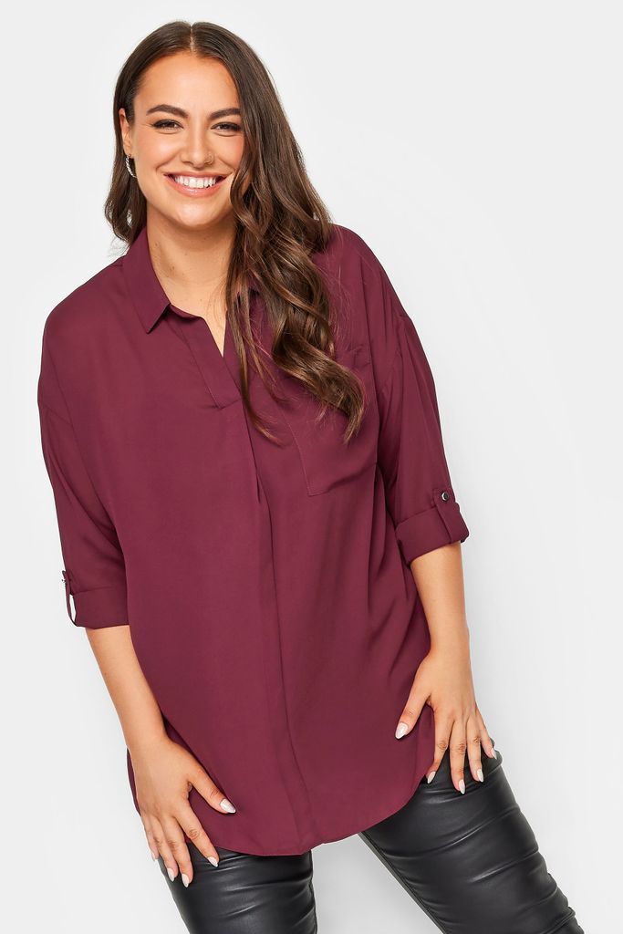 Curve Wine Red Half Placket Collared Blouse, Women's Curve & Plus Size, Yours