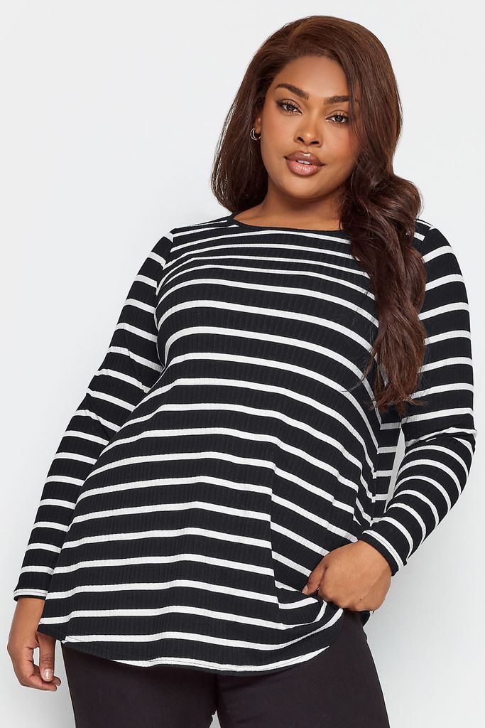 Curve Black Stripe Print Ribbed Swing Top, Women's Curve & Plus Size, Yours