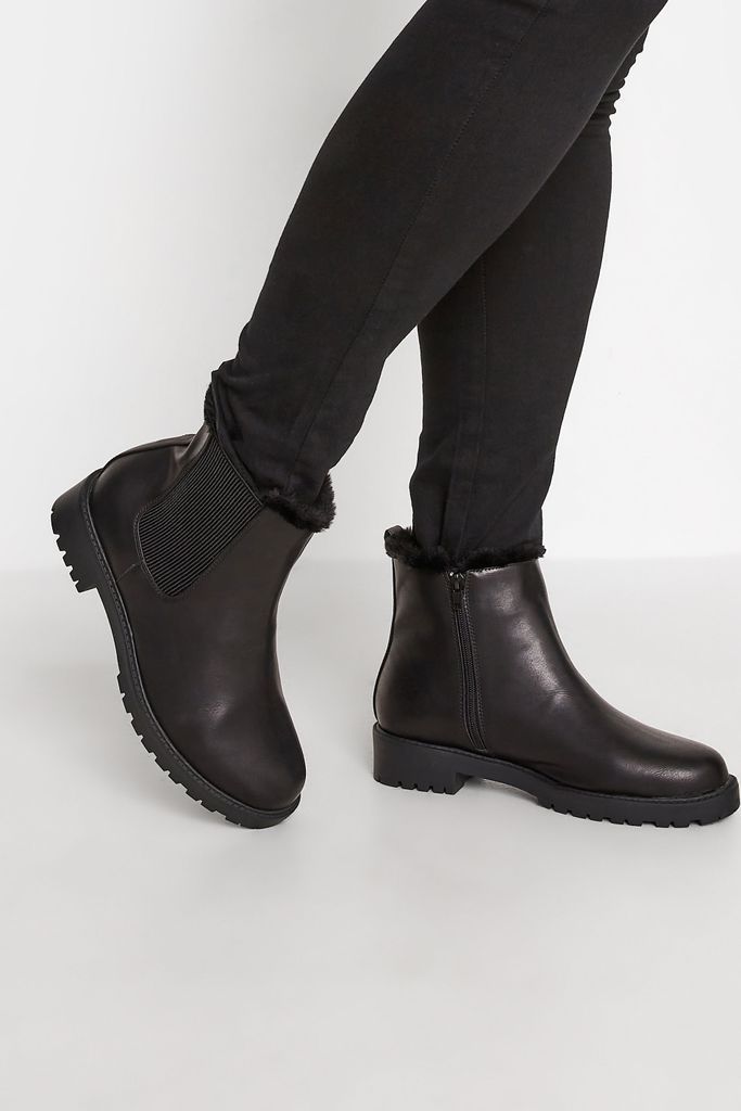 Black Faux Fur Chelsea Boots In Wide E Fit & Wide eee Fit