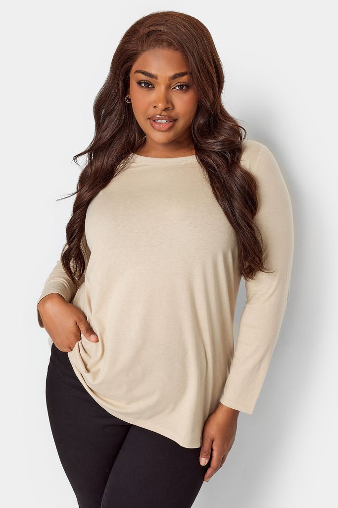 Curve Beige Brown Long Sleeve Basic Top, Women's Curve & Plus Size, Yours